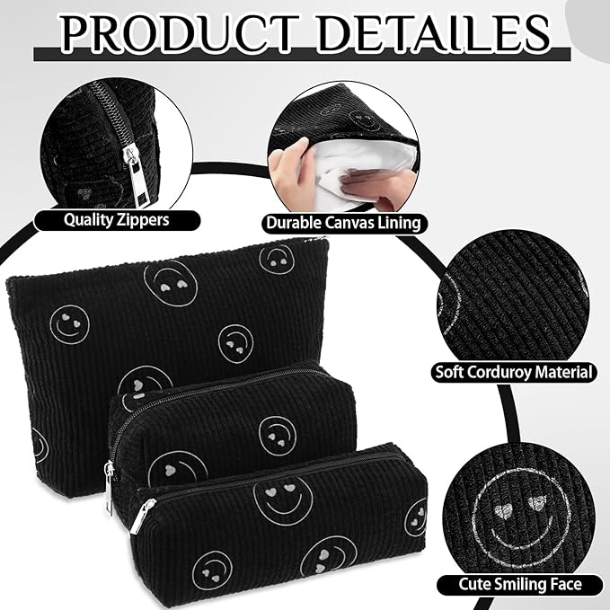 3 Pcs Makeup Bag Set for Women Corduroy Cosmetic Pouch Aesthetic Smile Travel Toiletry Bag Cute Purse Pouch Pencil Case Makeup Brushes Storage Organizer with Zipper(Black,Smile Face)
