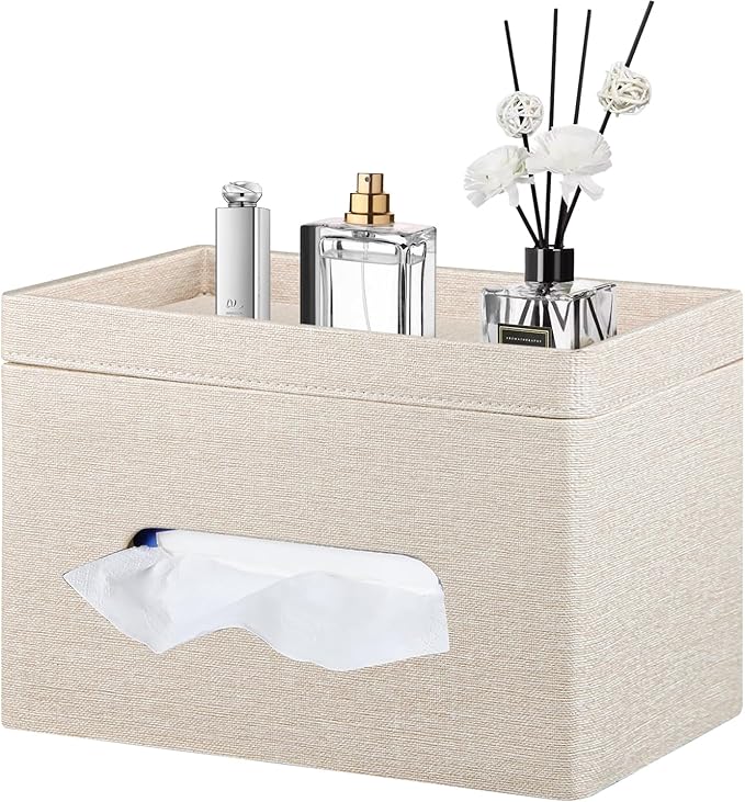 Fanousy Large Tissue Box Cover Rectangle with Tray on Top, PU Leather Facial Tissue Holder with Storage, Fits 230-Count Family Size Kleenex, Modern Nightstand Organizer for Bathroom Office Home Decor