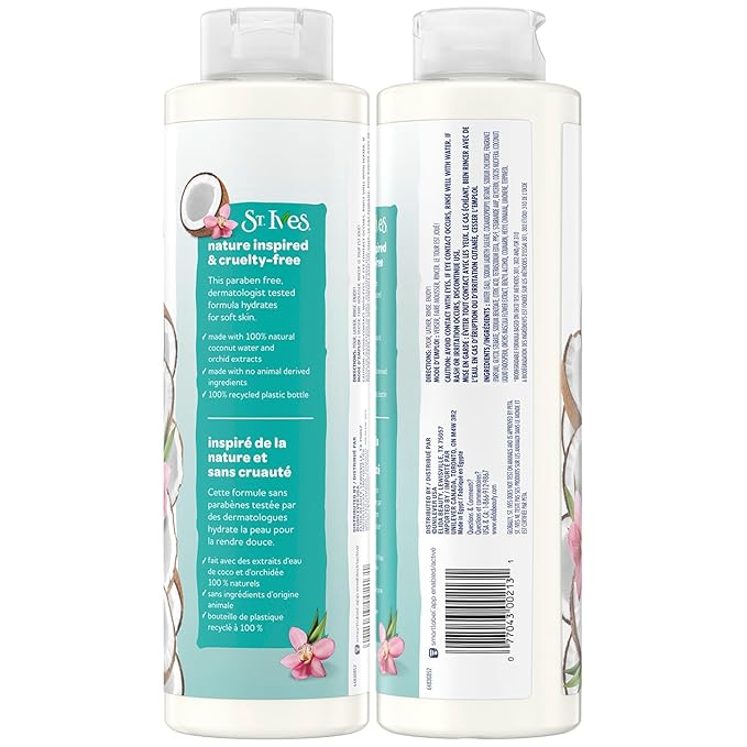St. Ives Body Wash, Coconut Water & Orchid Hydrating Shower Gel 2-Pack, 100% Natural Extracts, Cruelty-Free, 22 Oz Ea