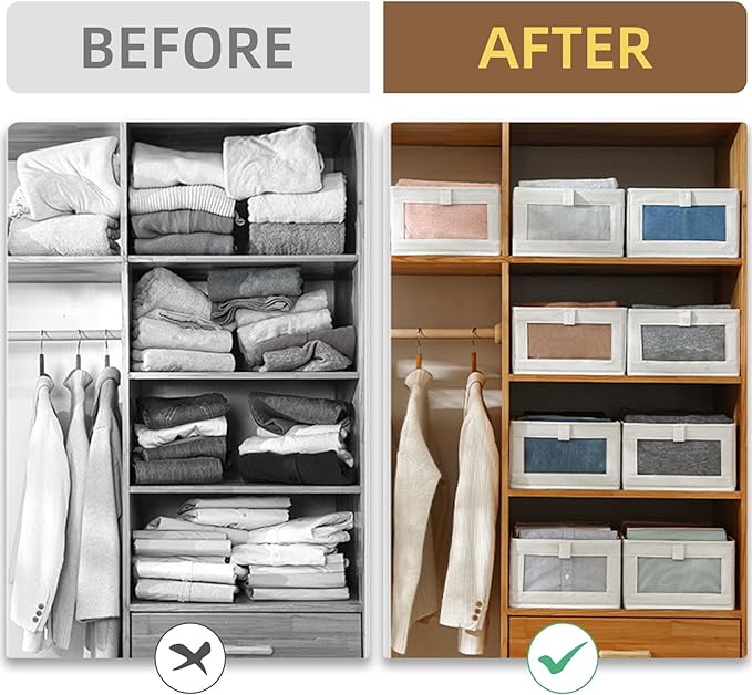 Linen Closet Organizers And Storage, 4 Pack Storage Bins Baskets for Organization Foldable Organizer with Clear Window Organizing Clothing, Jeans, Shelves