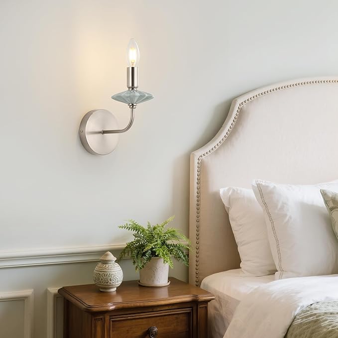 Modern Retro Wall sconces Set of Two with Green Ceramic Flower Decoration,Brushed Nickel Wall Lights, Hardwired Vintage Vanity Light for Bathroom, Living Room, Bedroom, and hallways.