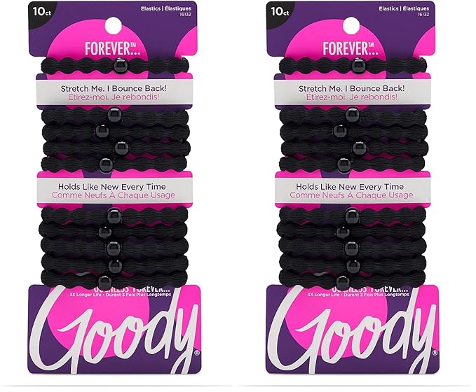 Goody Forever Ouchless Elastic Hair Tie - 10 Count, Black - Medium to Thick Hair - Accessories for Women and Girls (Pack of 2)