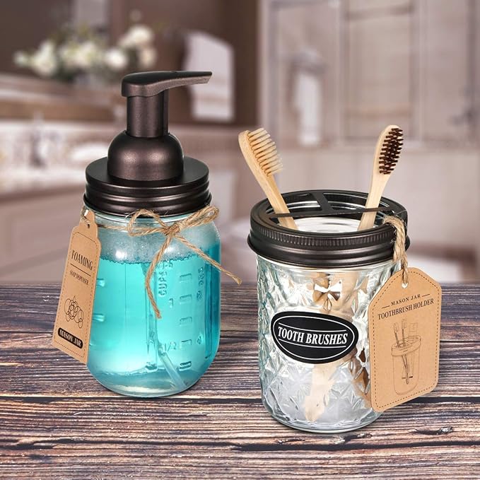 Amolliar Mason Jar Foaming Soap Dispenser, Rustproof Stainless Steel Lid, BPA Free Foam Pump, Waterproof Labels, Rustic Farmhouse Decor Refill Hand Soap Dispenser Bathroom Accessories– Bronze (2 Pack)