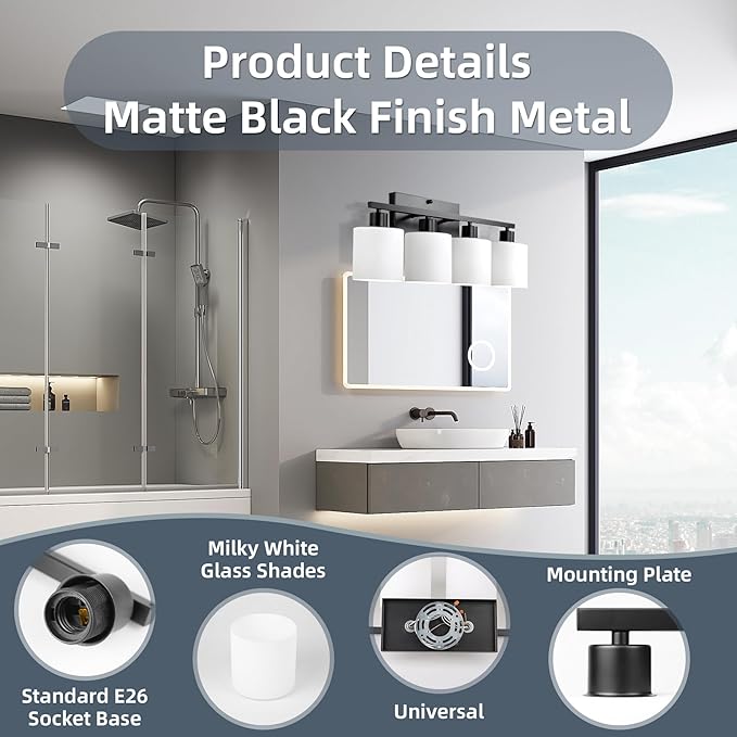 CANMEIJIA 4-Light Bathroom Vanity Light Fixtures, Matte Black Vanity Wall Scones Lighting for Bedroom Living Room, Modern Vanity Lights with Milky White Glass Shades, E26 Socket, Bulbs Not Included