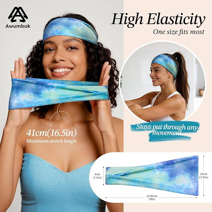 Headbands for Women, 8 Pack Non-Slip Moisture Wicking Sports Wide Head Bands, Stretchy Elastic Fabric, Multiple Colors Securing Hair for Fashion, Sports, Yoga, Running, Daily Life