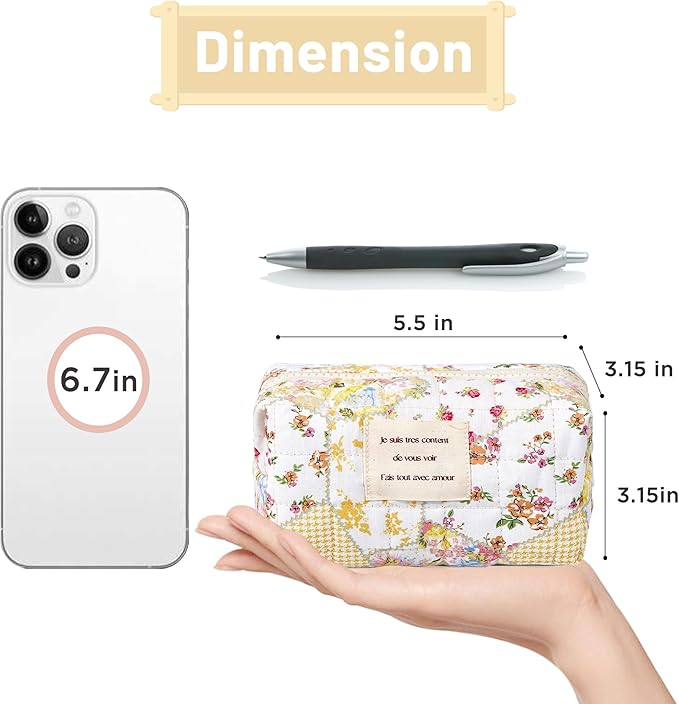 Floral Makeup Bag Small Cotton Quilted Cosmetic Bag Organizer, Aesthetic Cottagecore Preppy Portable Pouch Purse Toiletry Bag for Women Girls Travel accessories (Beige Floral-S)