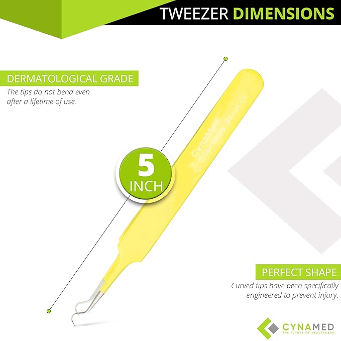 Blackhead Tweezer - Professional Curved Steel Tip Surgical Comedone & Splinter Extractor. Ideal Blemish & Acne Remover Tool Means Flawless Facial Skin (Yellow)