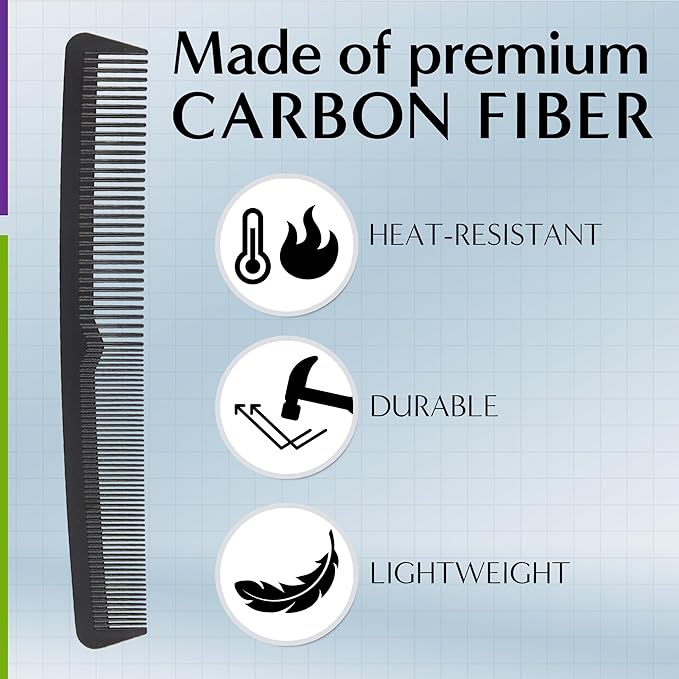 Professional Grade Styling Comb Set - 4 Pack Premium Carbon Fiber 7" Comb - Heat Resistant, Fine and Wide Tooth, Anti Static - Salon Quality Hair Styling Accessories for Home or Barber