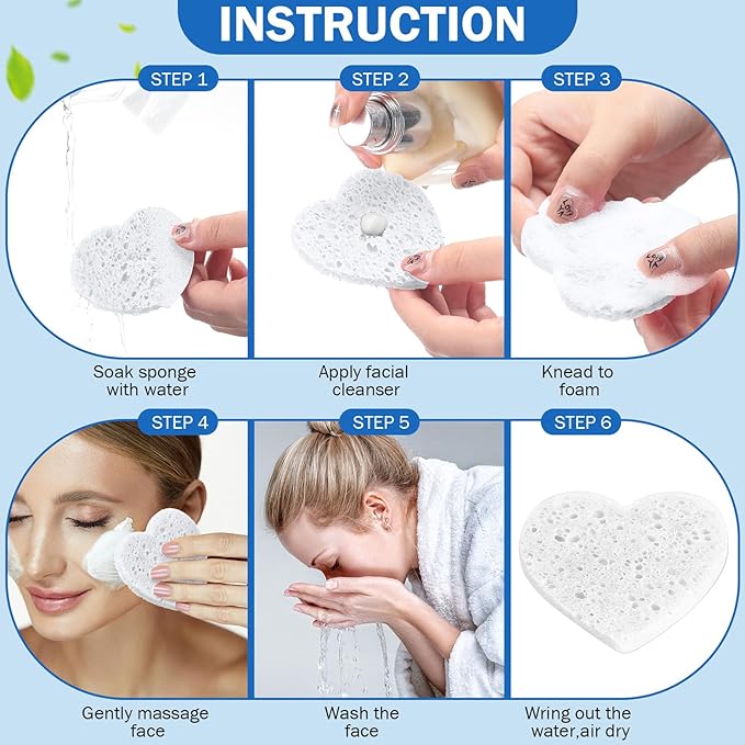 Dandat 300 Count Compressed Facial Sponges Heart Shape Face Sponges for Cleansing Natural Facial Exfoliating Pads for Estheticians(White)