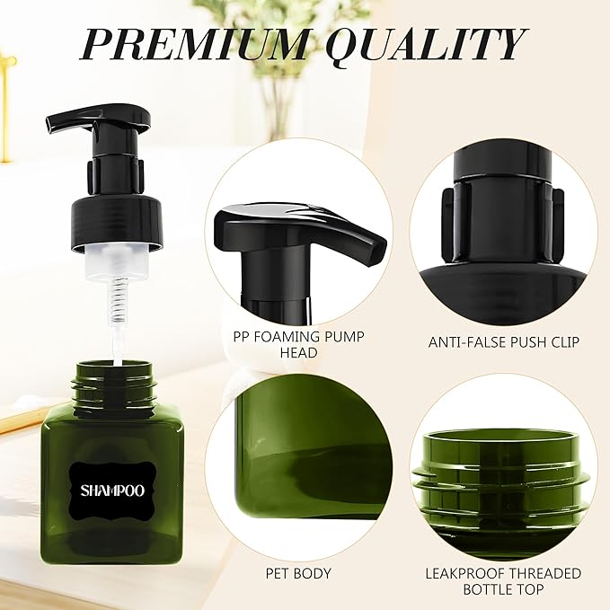 8.5 oz Foaming Soap Dispenser Plastic Foaming Pump Bottle, Refillable Dispenser with Plastic Pump, Empty Hand Bottles for Liquid Soap, Shampoo, Bathroom,Hotel,Restaurant (60, Green)