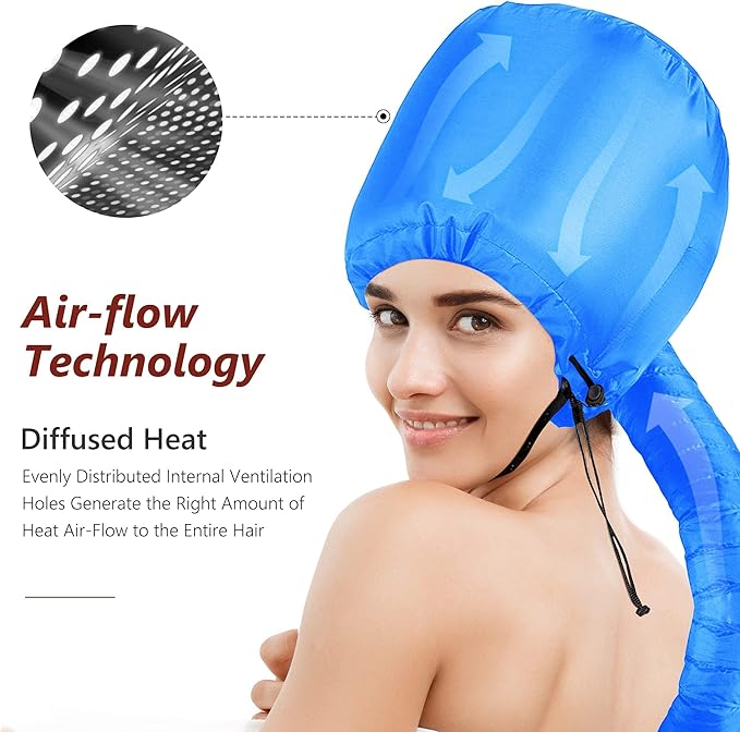 Hair Dryer Bonnet Attachment for Hair Styling and Drying at Home, Soft Adjustable - Blue