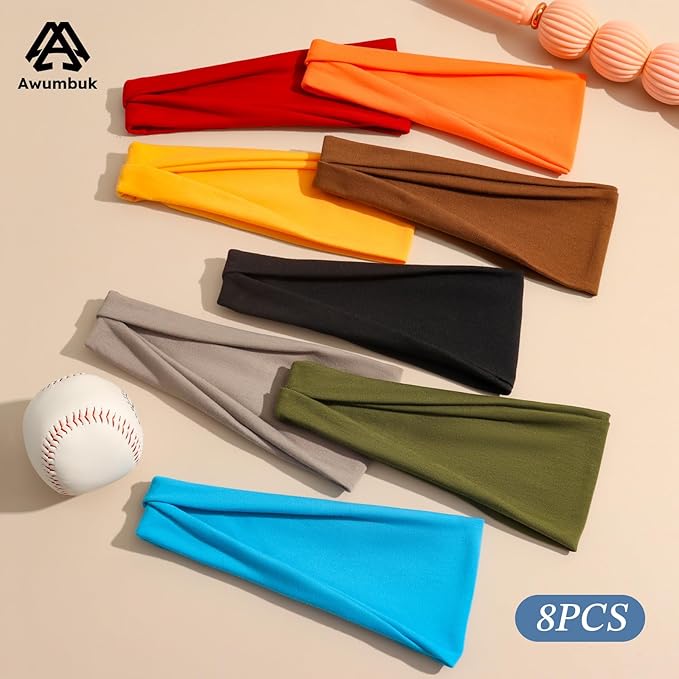 Headbands for Women, 8 Pack Non-Slip Moisture Wide Head Bands, Stretchy Elastic, Multiple Colors Securing Hair for Fashion, Yoga, Running, Daily life (Yellow/Orange-Red/Deep Sea Blue)