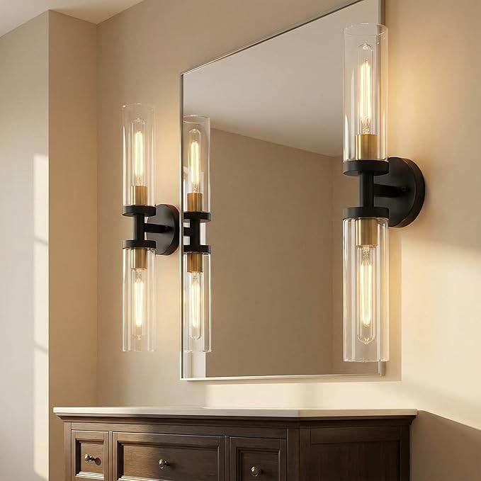 Black and Gold Wall Sconces Set of 2, Hardwired Bathroom Light Fixtures, Modern Bathroom Vanity Wall Lighting with Clear Glass Shade, Farmhouse Wall Sconce for Mirror Bedroom Hallway, E26 Base