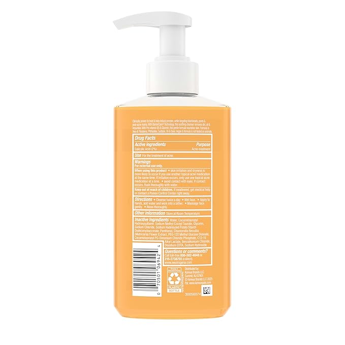 Neutrogena Oil-Free Acne Face Wash, Fragrance Free, Sensitive Skin Facial Cleanser with 2% Salicylic Acid Acne Treatment for Face, 9.1 Fl Oz