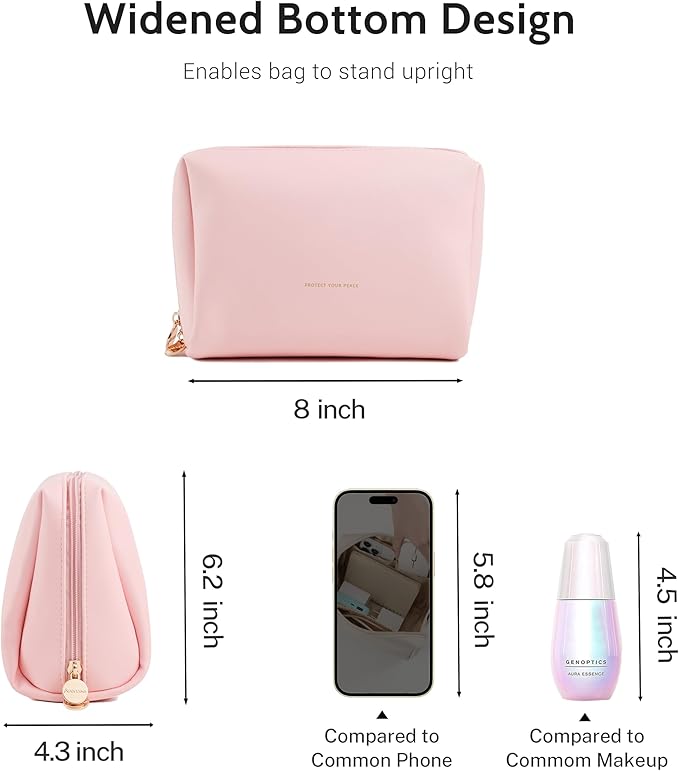 Aveniee Travel Makeup Bag, Large Toiletry Bag for Women, Vegan Leather Travel Pouches Case, Make Up Bag for Travel Essentials Brushes, Cosmetic Bag Purse Organizer with Divider and Gold Zippers-Pink