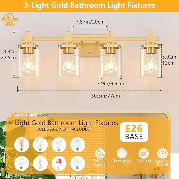 4-Lights Gold Bathroom Vanity Light Over Mirror, Brushed Gold Bathroom Wall Lights with Glass Shades, Indoor Wall Mounted Lamp for Living Room Bedroom Hallway