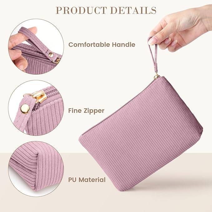 MAGEFY Small Makeup Bag, Corduroy Small Pouches for Purse Cosmetic Bag Makeup Pouches for Key Pocket Lipstick Bag Card Holder Data Cable Organizer(Pink,Small)