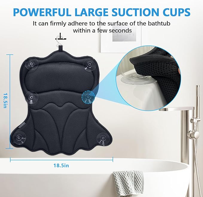 REEZEIVI Bath Pillows for Tub,Bath Pillow with 6 Non-Slip Suction Cups,Soft 4D Mesh Fabric,Bathtub Pillows for Tub Neck and Back Support,Extra Thick Luxury Bathtub Pillows,Black