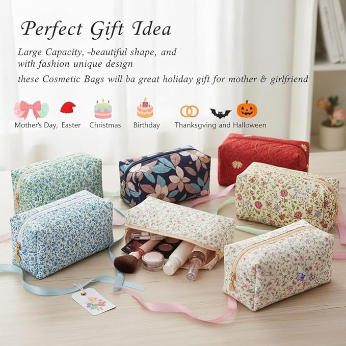 Floral Quilted Cotton Makeup Bag for Women, Large Capacity Travel Cosmetic Pouch with Zipper, Cute Toiletry & Brush Organizer, Kawaii Makeup Storage Case – Blue Flowers