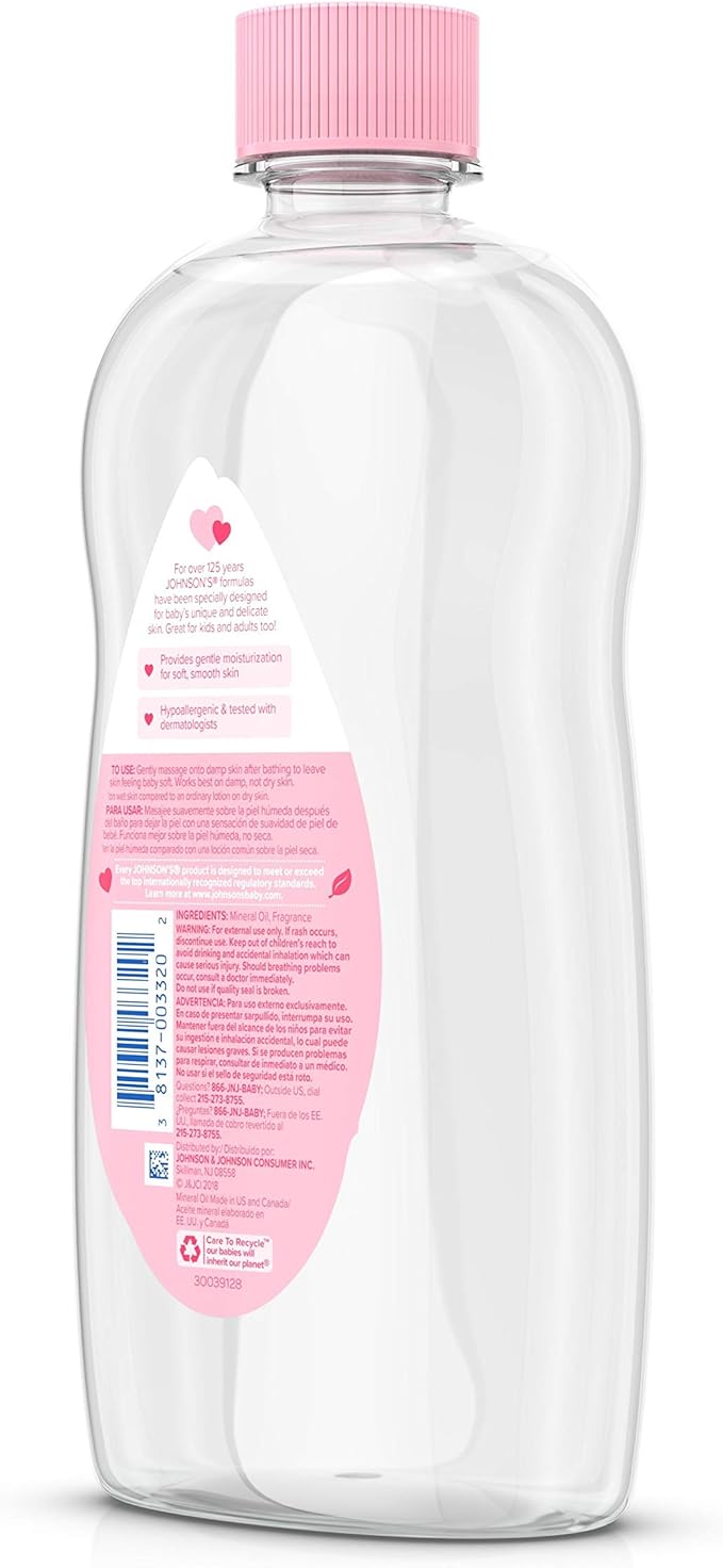 Johnson's Baby Oil, Pure Mineral Oil to help Prevent Moisture Loss for Baby, Kids & Adults, Gentle & Soothing Baby Massage Oil for Dry Skin Relief, Original Scent, Baby Essentials, 20 fl. oz