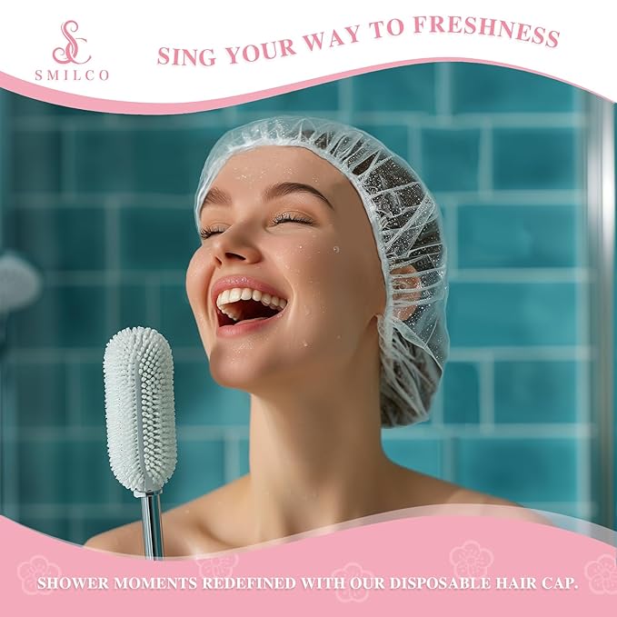 Smilco Disposable Shower Caps 100PCS - 18.1 Inch Large Plastic Hair Cap, Clear Elastic Waterproof Bath Caps - Travel Essentials, Bathing Accessories
