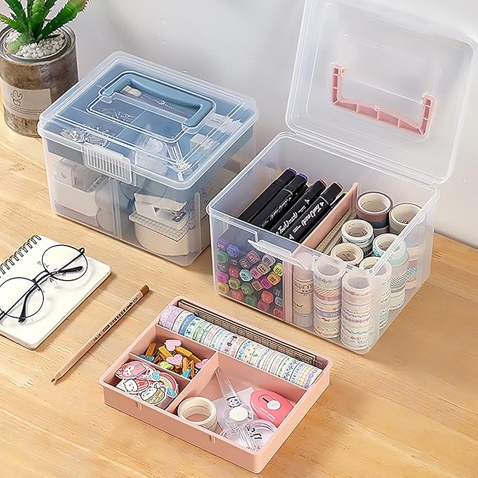 Small Portable Plastic Storage Box for Beauty Ornaments Hair Nail Accessories, Cosmetic Case with Handle & Removable Tray & a Divider, Sewing Box Organizer, Kids Art Box (Clear & Pink)
