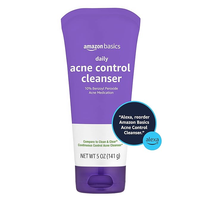 Amazon Basics Acne Treatment Face Wash - Daily Control Cleanser, Maximum Strength 10% Benzoyl Peroxide for Stubborn Breakouts, 5 Ounce (3-Pack)