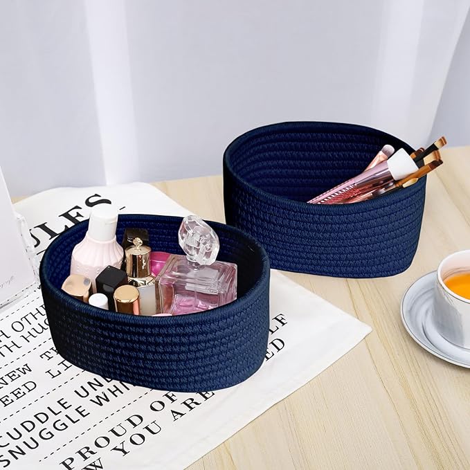 ABenkle 【2 Pack】 Small Woven Baskets, Tiny Oval Shallow Storage Baskets, Mini Cotton Rope Empty Decorative Basket, Boho Little Organizer Bins for Bathroom, Cat Dog Toy Gifts Basket
