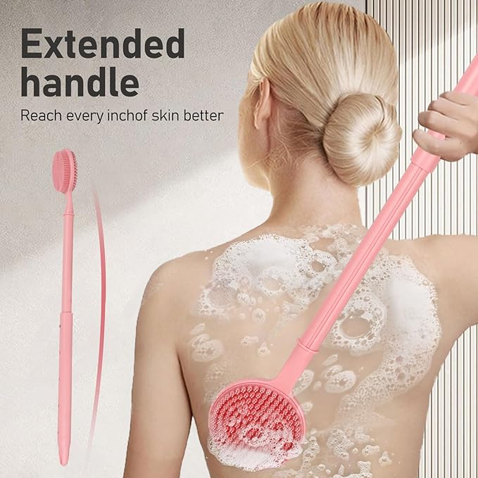 OZNER 24 Inches Silicone Back Scrubber for Shower - Extendable Long Handle Shower Brush with Dual-Sided Bristles - Exfoliating Body Scrubber for Sensitive Skin - Perfect for Men & Women (Pink)
