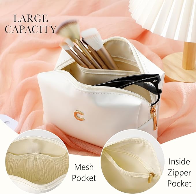 Kigeli Initial Makeup Bag for Women Beige Leather Easter Basket Gifts Monogram Cosmetic Bag Small Travel Toiletry Pouch Wedding Birthday Graduation Bridesmaid Gifts for Teen Girls Women Teachers(C)