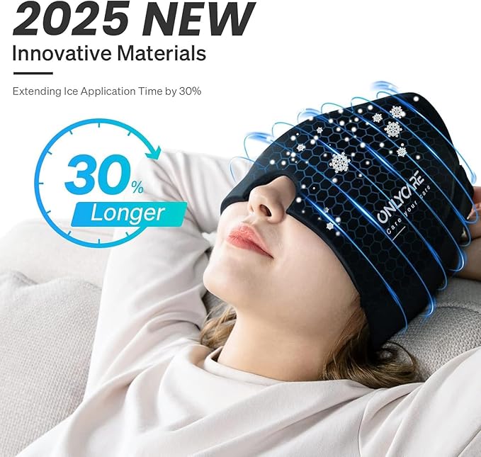 ONLYCARE Migraine Relief Cap,Soothing Migraine Mask,Upgraded Odorless Gel Ice Head Wrap, Hot and Cold Therapy, FSA or HSA Eligible Headache Ice Pack for Tension and Stress(Black & Purple)