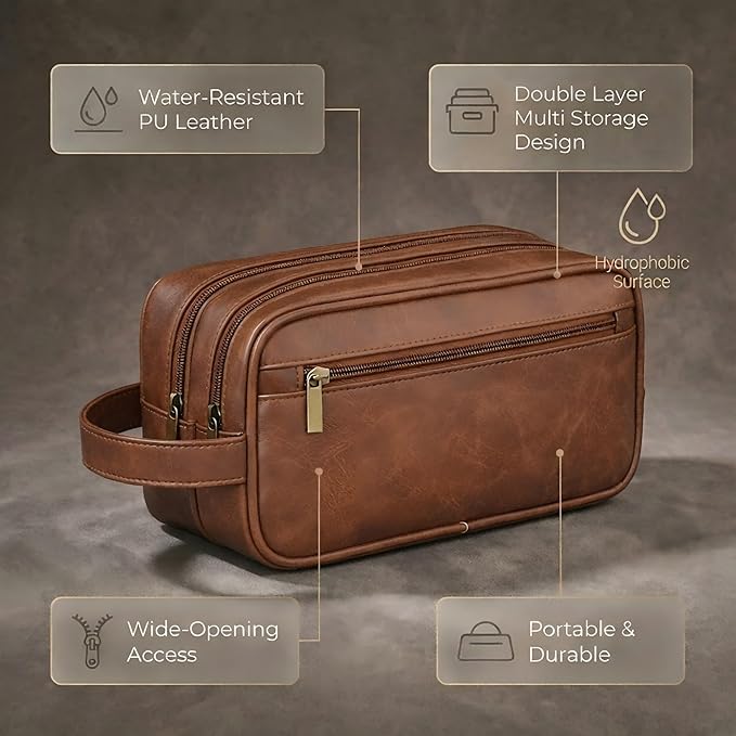Men’s Toiletry Bag Travel Dopp Kit – double-deck PU Leather Water-Resistant Shaving Organizer Large Capacity, Double Compartments & Inner Pockets for Grooming, Bathroom & Gym Trip Toiletry Case(Black)