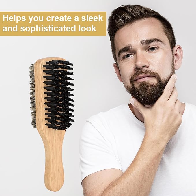 Brrnoo Double Sided Beard Brush, Imitation Bristle with Rubber Wood Handle for Men, Mustache Brush, Beard Grooming Tool - Brown