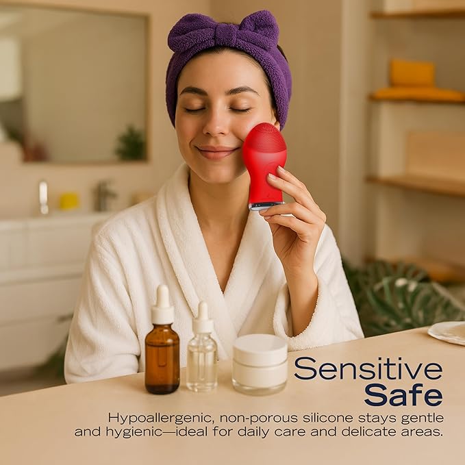 Nautica PC120 Facial Cleansing Brush Made with Ultra-Hygienic Soft Silicone, Waterproof, Rechargeable Vibrating Face Exfoliator Scrub Brush with Sonic Technology for Men & Women - Dancing Red