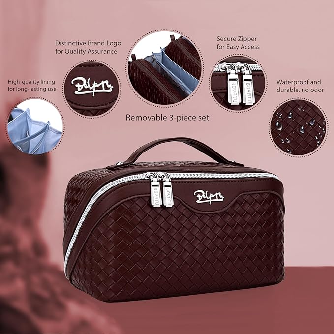 BOYATU Travel Makeup Bag Cosmetic Bags for Women: Large Capacity 3 Pcs Set Make up Bag with Compartments - Waterproof Vegan Leather Toiletry Organizer Bags with Handle (L14 Wine red)