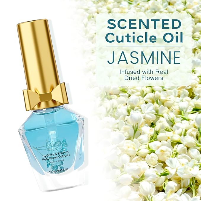Cuticle Oil, Scented Cuticle Nail Oil Infused with Flowers, Hydrates, Moisturizes, Strengthens, Repairs, Revitalizing Cuticle Oils for Nails Damage Dry Cuticle, Jasmine, 12ml