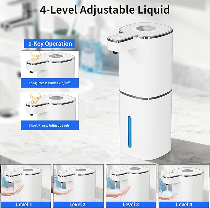 Automatic Liquid Soap Dispenser, Touchless Rechargeable Hand Soap Dispenser, 4 Adjustable Levels, 1200mAh Battery, Large Display, for Kitchen & Bathroom (White, Liquid)