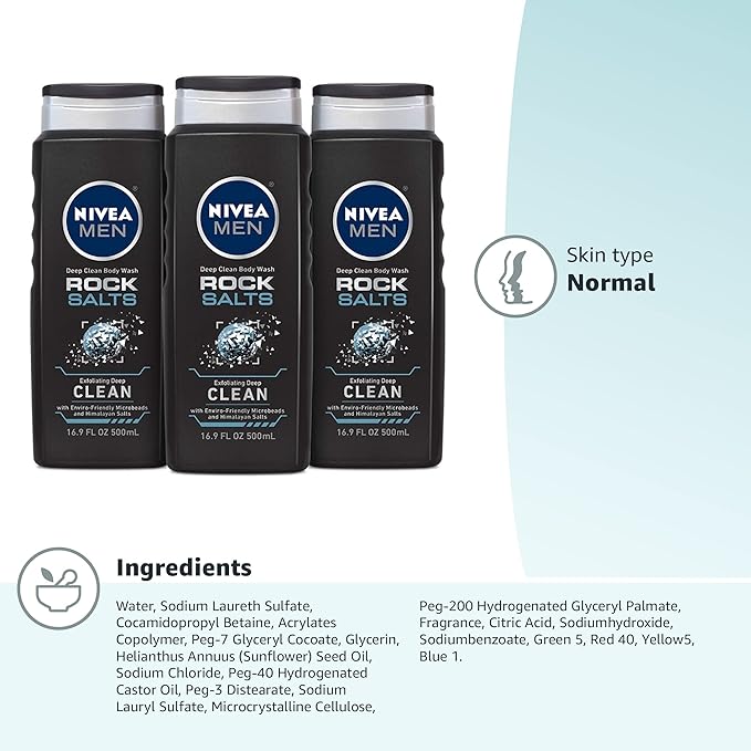 NIVEA MEN Deep Clean Rock Salts Body Wash with Scrub Particles and Natural Rock Salt,Exfoliating Body Wash for Men,Cleanses Without Drying Skin,16.9 Fl Oz Bottle,(Pack of 6)