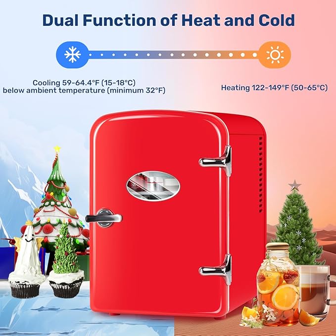 HealSmart 4L Mini Fridge with Observation Window, 6 Can Capacity, Freon-Free and Portable Cooler and Warmer, Cosmetics/Food/Beverage, Red New