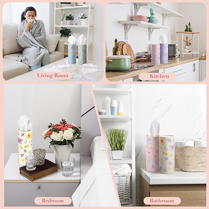 Outus 12 Pcs Floral Car Tissue Holder Cylinders with 3 Ply Facial Tissue Bulk, Portable Paper Dispenser for Cup Holder, Travel Bathroom Table Decor, Tissues Boxes Container for Home Office Party