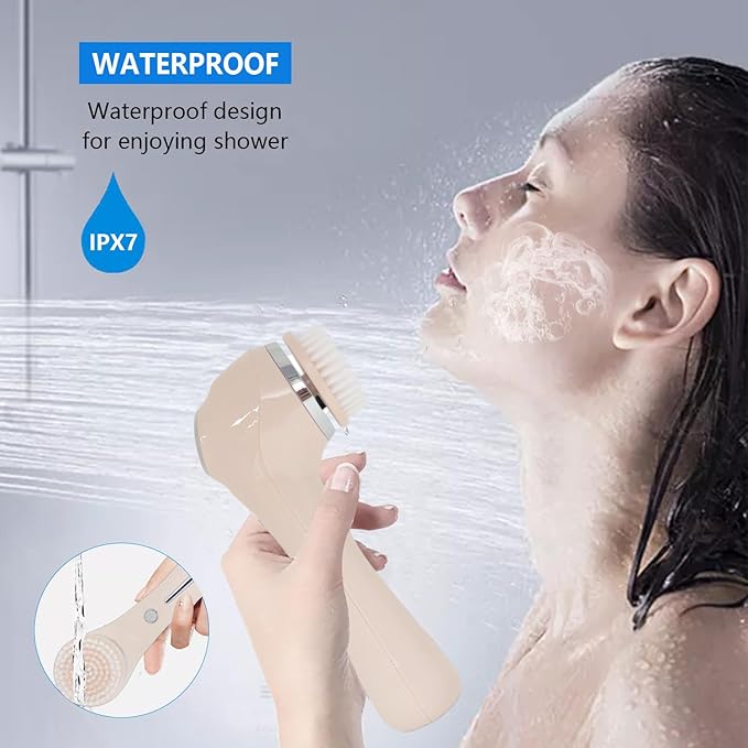 Facial Cleansing Brush, 2 in 1 Ｗaterproof IPx7 Facial Spin Scrubber Set with 4 Brush Heads, Rechargeable Exfoliating Face Brush Deep Cleansing, Gently Exfoliate and Remove Blackhead Pink