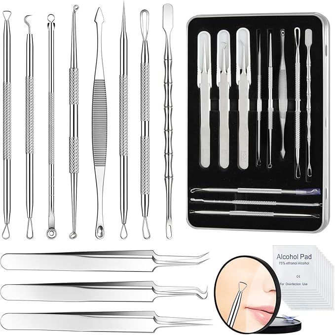 Pimple Popper Tool kit Blackhead Remover Comedone Extractor Kit with Box for Easily Remove blackheads, Acne, Blemishes, Whiteheads, pimples and Papules from the face and Bonus Gift -11pcs