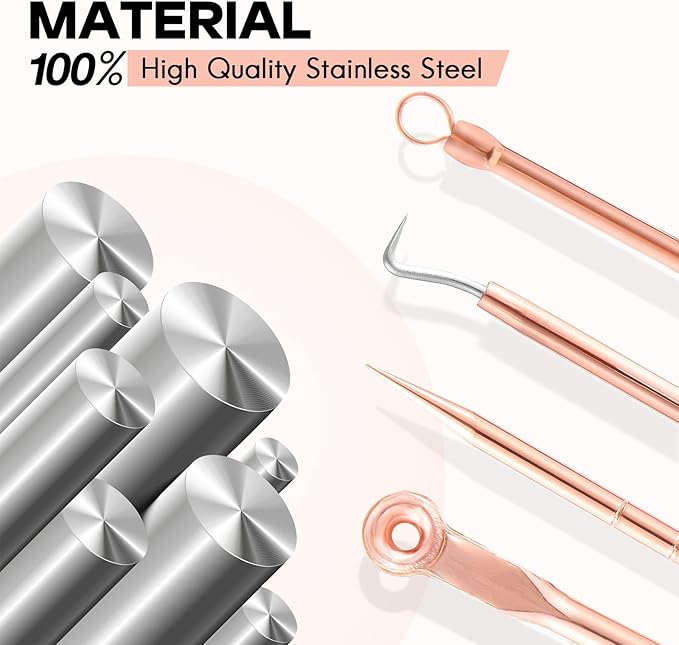 FEITA Blackhead Remover Pimple Comedone Extractor Tool, Stainless Acne Tools Pimple Popper Removal Kit, Zit Whitehead Popping Needle for Nose & Face, Rose Gold 4Pcs