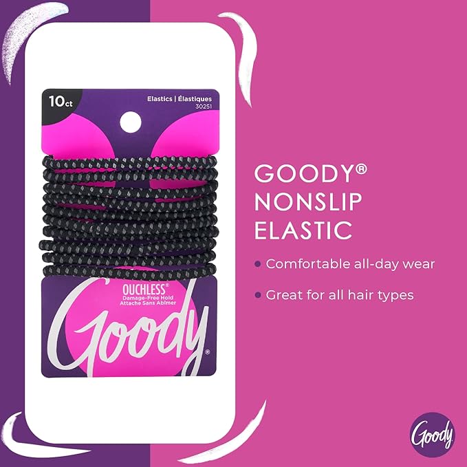 Goody Hair Tie, 10 Count, Black, 4MM | Nonslip | For Medium Hair | Ouchless | Pack of 2