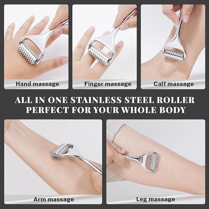 Acupuncture Massage Roller, Stainless Steel, Portable Manual Roller for Whole Body Pain Relief, Puffiness Reduce and Muscle Relaxation Massage