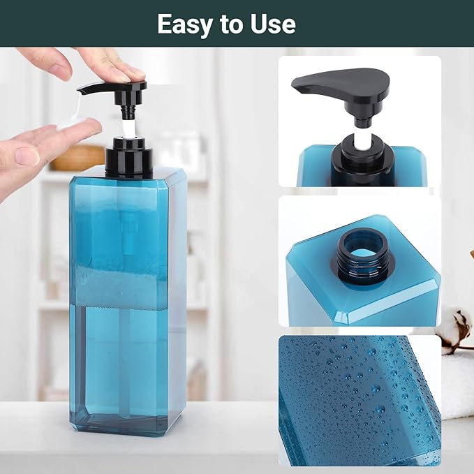 Suream 33.8oz/1000ml Lotion Dispenser, 3PCS Blue Refillable Shampoo and Conditioner Bottles with Labels, Square Soap Dispenser Set for Essential Oil Lotion Shampoo