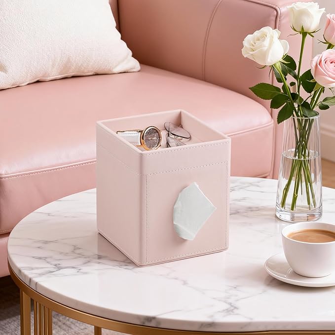 Tissue Box Cover, PU Leather Square Tissue Box Holder with Storage Tray for Bathroom Vanity Countertop Night Stands Bedroom Office Desk, Stylish Tissue Holder Decorative Organizer (Pink)