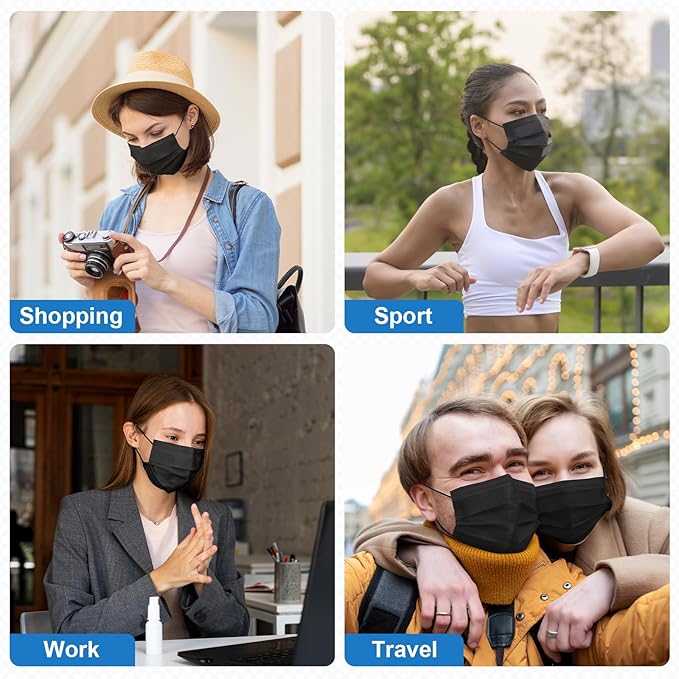 ZIYE 100/500 Pcs Disposable Face Masks, Breathable Mask 3 Layer with Nose Clip Elastic Earloop（Multicolor/Black）