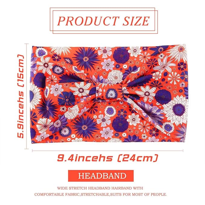 Olbye Wide Boho Headbands Floral Stretch Head Wraps Bohemian African Turban Hairbands Knotted Bandana Headband Yoga Running Head Scarfs Workout Hair Accessories for Women 4Pcs (Floral, 9.4 * 5.9'')