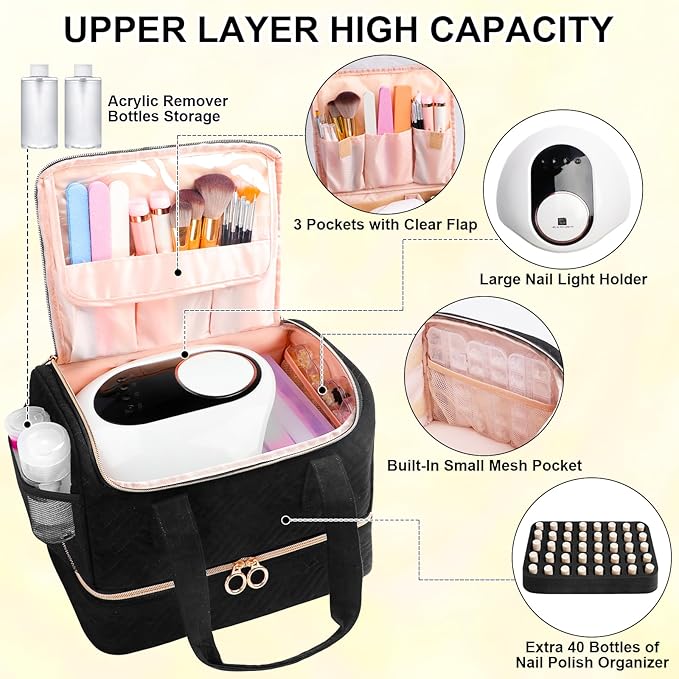 Nail Polish Organizer Bag Holds 80 Bottles (15ml/0.5fl.oz)& Nail Lamp, Soft Velvet Nail Kit Storage Carrying Case with Shoulder Strap, Double Layer Nail Supplies Organizer Handbag Women Black